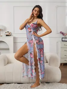 Long Nightgown Mesh Design Slit Fashion Lace Patchwork, Thong Two-Piece Set, Stylish Sleepwear for Women, Comfortable and Elegant