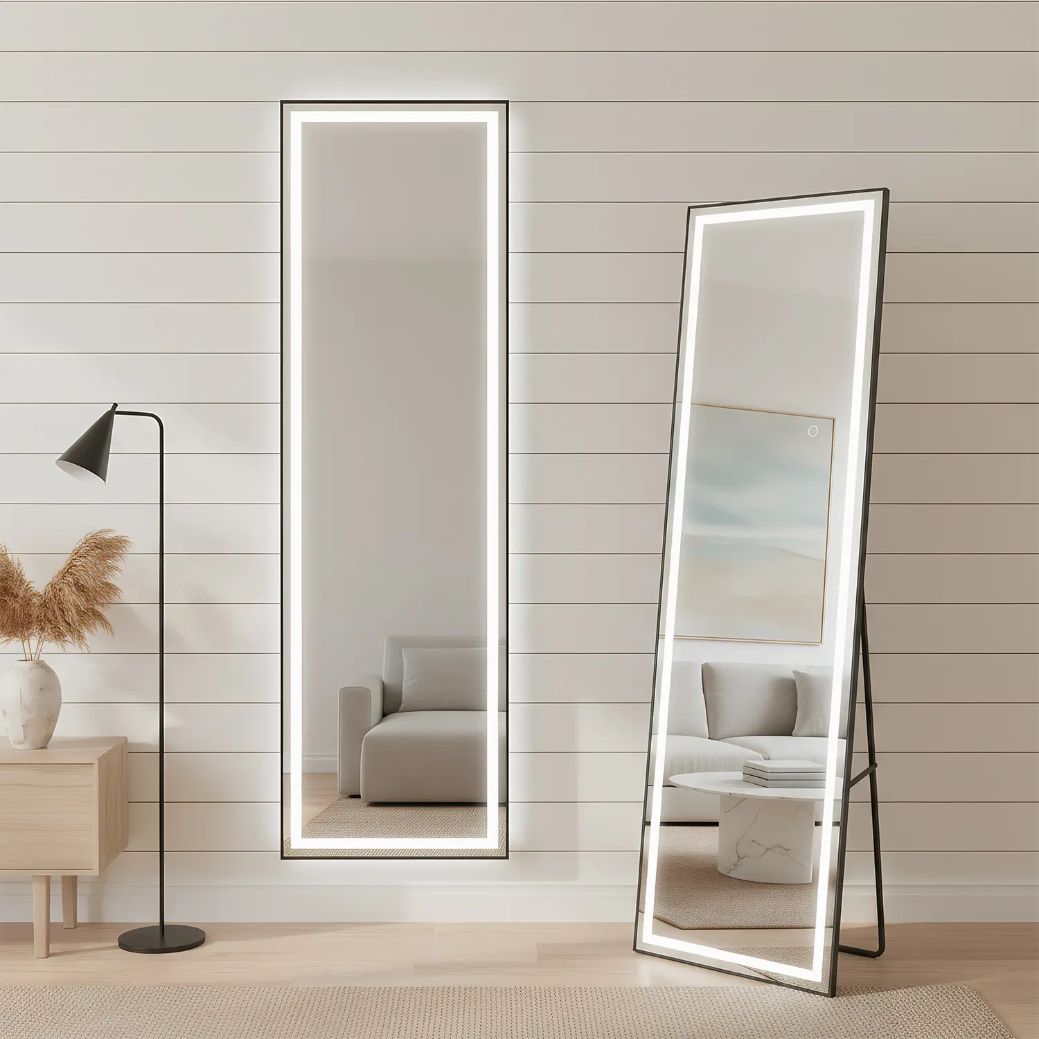 Spaco 58x18 in Frameless Black LED Full-Length Wall Mirror - Slim Modern Design, Steady, Distortion-Free Durable Safety Glass, with Lights, for Bedroom, Dressing Room Home Decor