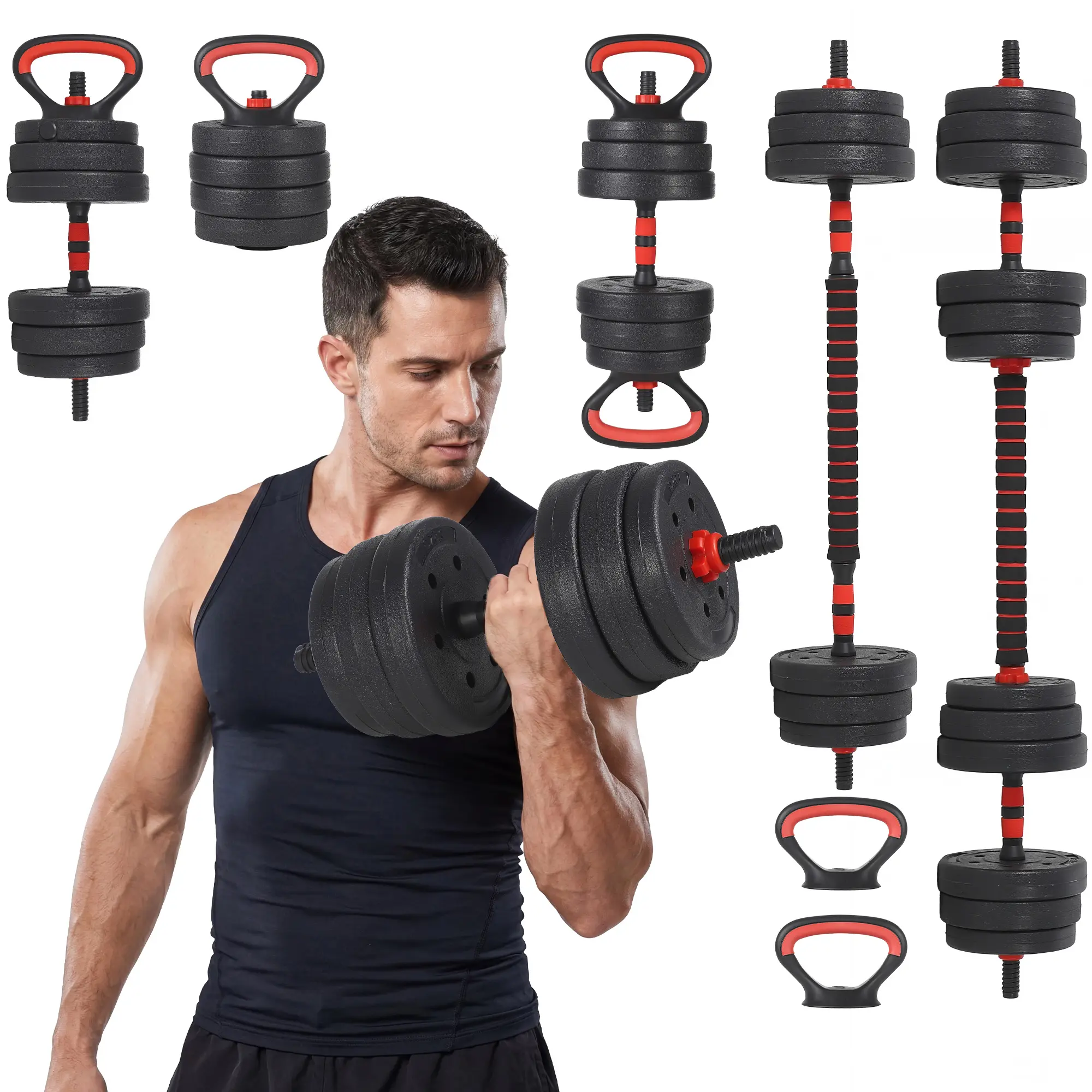 Gaomon 5-in-1 Adjustable Dumbbell Set Convertible to Barbell Kettlebell & Push-Up Stand Space-Saving Ergonomic Anti-Slip Home Gym Equipment 44/55/66 LBS Black+Red SummerVibes, Adjustable Dumbbells, Barbell Dumbbells