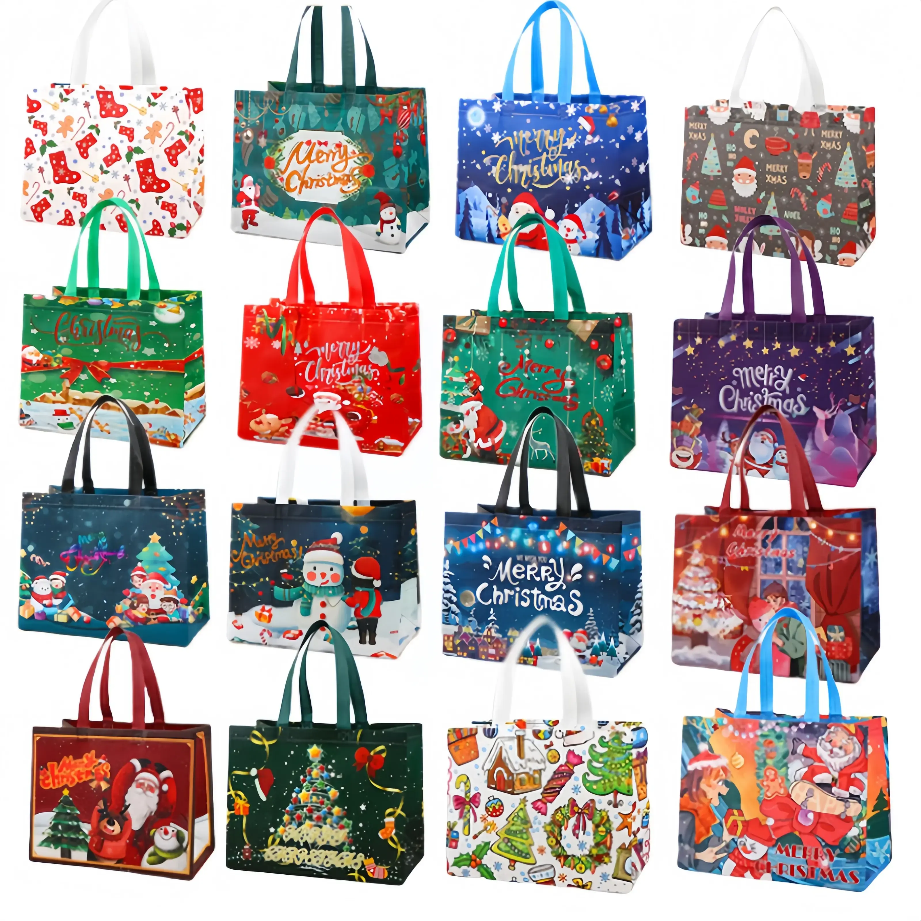 16PCS Christmas Themed Party Gift Bags - 16 Styles Heavy-Duty Reusable Foldable Tote for Festive Occasions, Holiday Gifting, Shopping & Storage