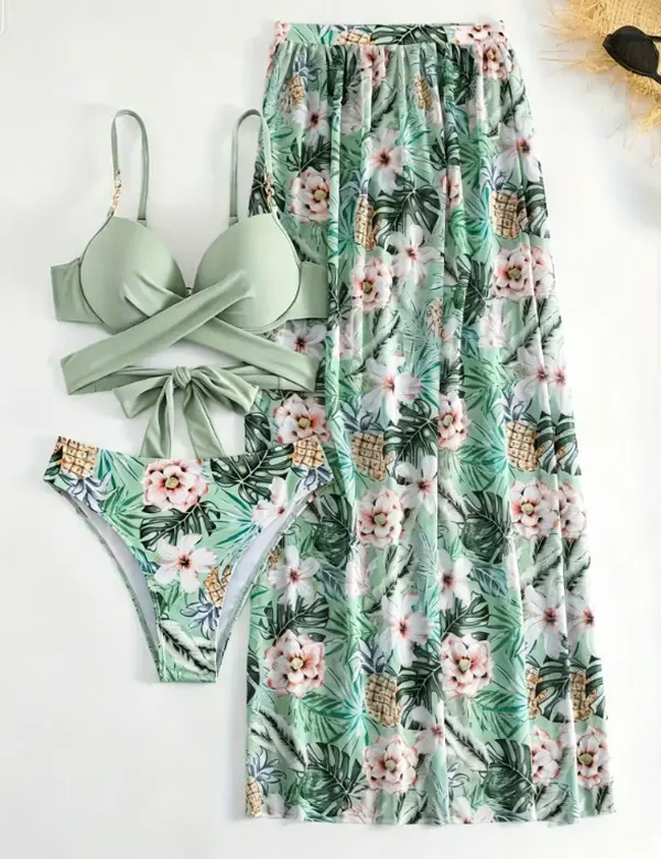 Women's 3-Piece Solid Wrap Bikini Swimsuit Set - Light Green Crisscross Top, Floral Bottoms, Tropical Print Maxi Cover-Up Skirt, Summer Vibes, Swimsuit for Women, Light Green Floral Bikinis Set
