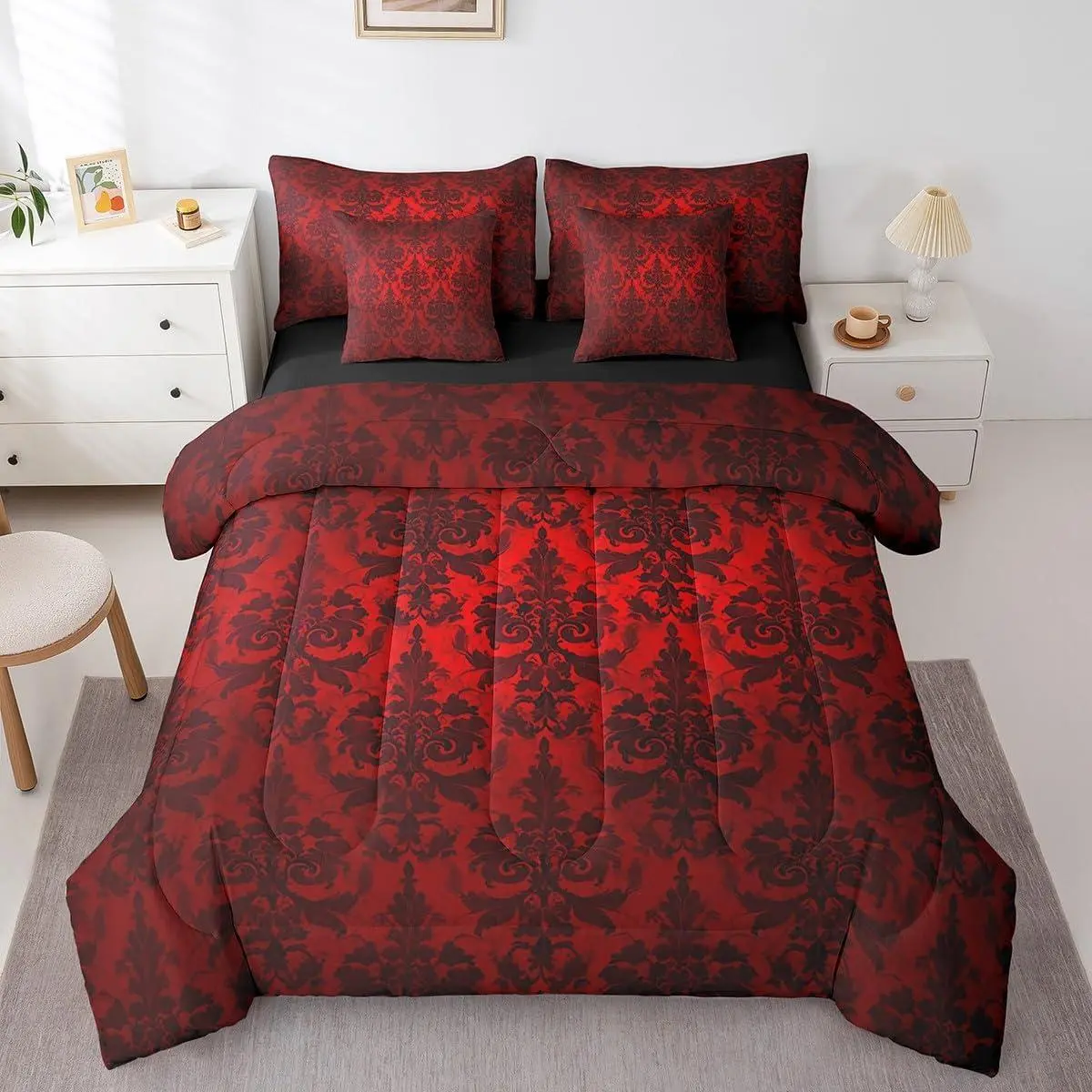 Gothic 7 Piece Comforter Set Bed in a Bag,Adults Black Damask Bedding Sets,Victorian Sheet Set with Comforter Vintage Baroque Goth Antique Black Floral Bohemian Decor,Red