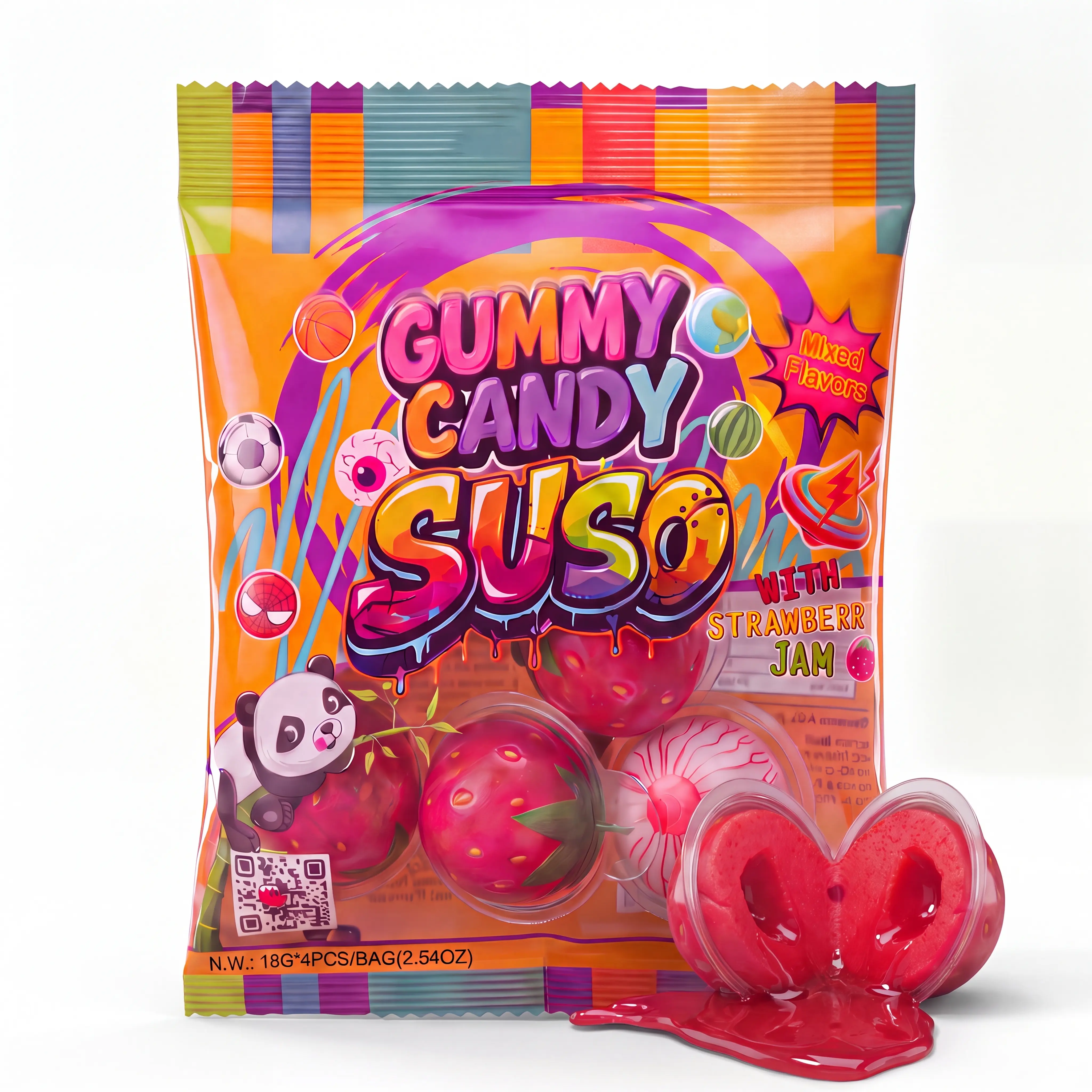 SUSO Gummy Candy with Strawberry Jam Center, Squeeze & Pop Shell, Mixed Fruit Flavors, Halal, 4 Individually Wrapped Pieces (72g) Snack Snack Snack