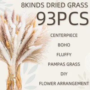 93 PCS Dried Pampas Grass Bouquet, Boho Table Decor, Bunny Tails Dried Flowers, Brown Pompas, White Pampas Grass for Wedding, Home, Rustic Party, Baby Shower Decorations