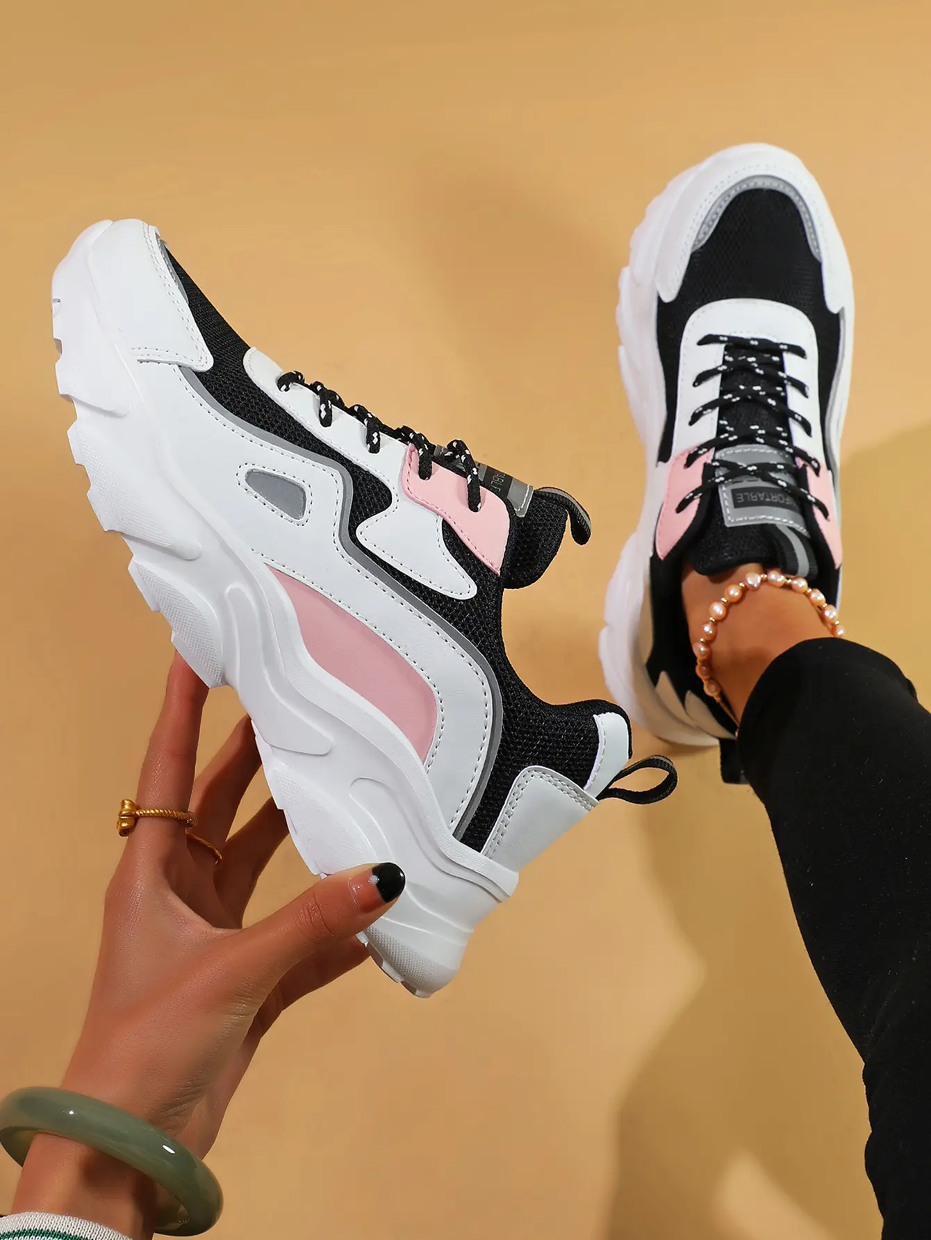 Women's Black and White Knit Walking Shoes - Low Top Everyday Sneakers for Women, Casual Breathable Athletic Trainers with Thick Sole and Pink Accent
