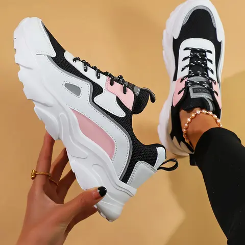 Women's Black and White Knit Laced Low-Top Walking Shoes - Breathable Thick-Sole Fabric Footwear, Pink Accents, Female All-Season Cute Casual Trainers for Daily Wear, Zapatos para Mujer