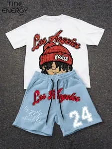 2026 Los Angeles Street Style Set, Vintage Cartoon Print T-Shirt & No. 24 Shorts, Casual Two-Piece Set for Summer, Tiktok Trend