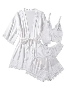 Women' Silk Satin Pajamas Set 4pcs Lingerie Floral Lace Cami Sleepwear with Robe