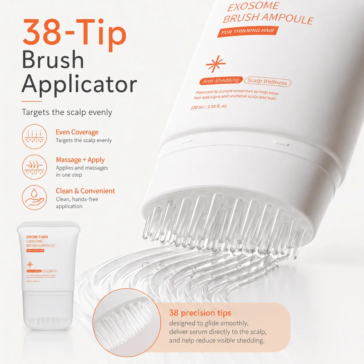 GROW:TURN Exosome Scalp Serum with Built-In 38-Tip Brush Applicator, Leave-In Scalp Care for Fine & Thinning-Looking Hair, Helps Refresh Dry Scalp, Smooth Hair & Support Fuller-Looking Roots, 100ml