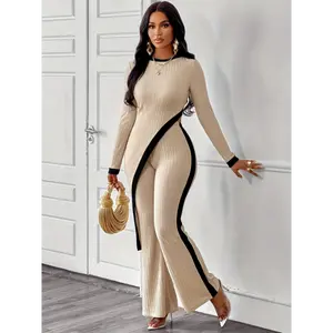 AnElegantPolyesterJumpsuitForWomen-T-shirtAndFlaredPantsSetWithAsymmetricHem,CrewNeckDesign,KnittedFabric,SolidColorSuitableForSpringAndAutumn