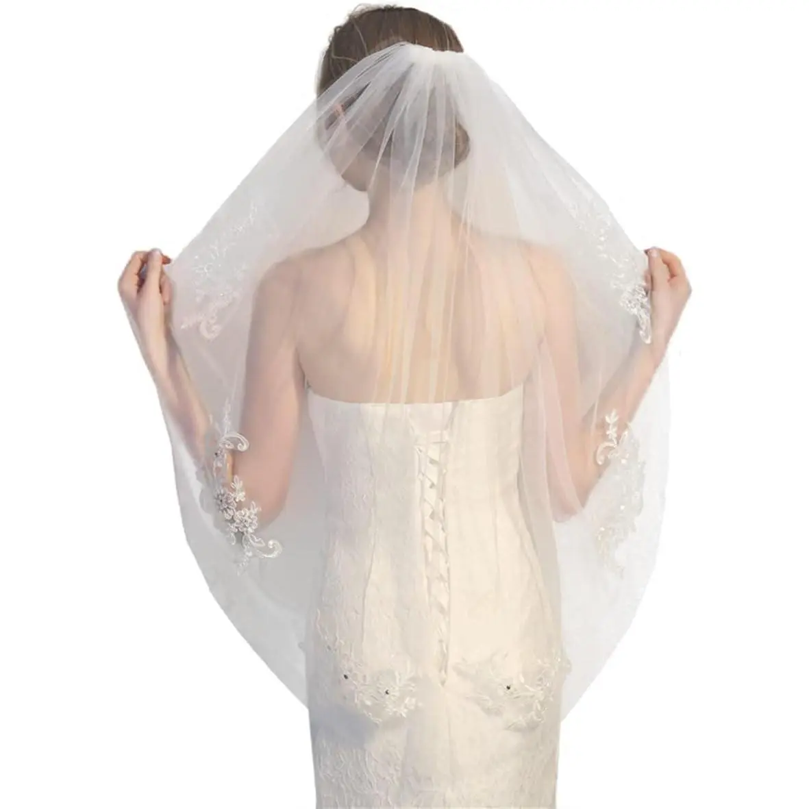 Elegent Lace Appliques Wedding Veil Crystal Beaded, Wedding Bridal Veil with Comb