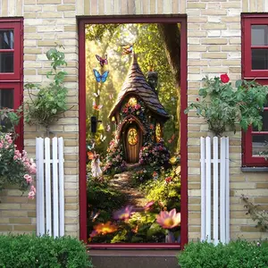2pcs   Fairy Forest Elf Cottage Wall Sticker PVC Fairy Forest Elf Cottage Wall Sticker Fairy Tale Style Butterfly Flower Decorative Door Decal Self Adhesive Wallpaper for Kids Room Bedroom Living Ro Home Decor