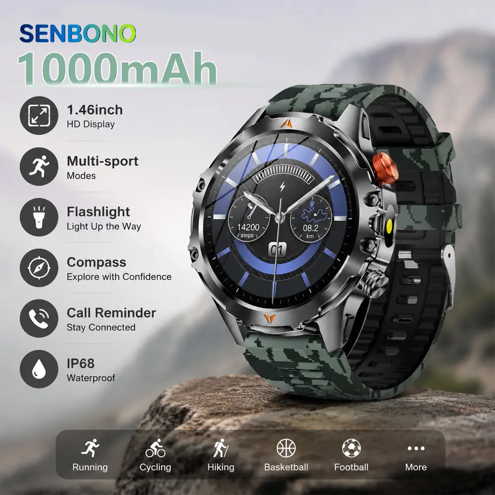 SENBONO Outdoor Smartwatch with 1000mAh long battery life, multiple sports modes, IP68 water resistance, call reminder, long battery life men's sports smartwatch.