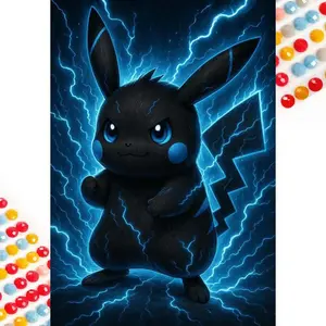 5D DIY Full Drill Round Diamond Painting - Diamond Art Kit Black Pikachu Mosaic, Canvas - DIY Decor, Home Wall Decoration, Suitable for Halloween and Christmas, Birthday and Anniversary Gifts