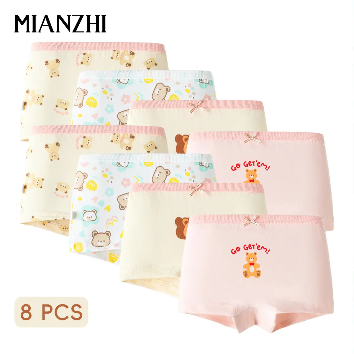 MIANZHI Girly Designs 8-Pack Tagless Soft Cotton Girls' Underwear Sets - Inner Wear Underwear Undergarments with Elastic Spandex, Breathable All-Season Briefs for Ages 2-10 Youth, Kid, Comfy Underwear