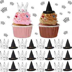 24pcs Mini Witch Hat Mini Crown Cake Decoration Ornaments Birthday Party Accessories, Cupcake Decorations, Evil Witch Black Little Wizard Hat Silver Crown, Evil Cake Topper and Evil Cupcake Topper