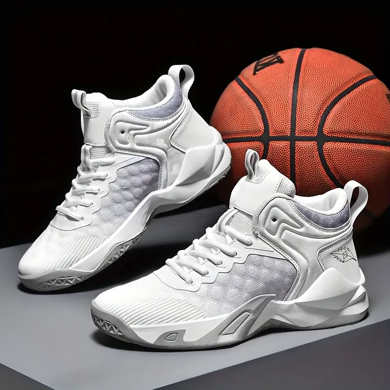 Men's Mid-Top Basketball Sneakers - Breathable Fabric Trainer Shoes with Shock-Absorbing Soles for Training, Competition, Rubber, Casual, Laces, Sports Shoes