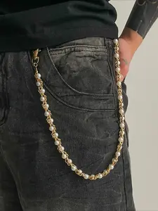 Vintage Pearl & Metal Link Jeans Chain Trendy Single Layer Pants Accessory for Men Cool Hip-Hop Wallet Chain  MensJewelry PearlChain
