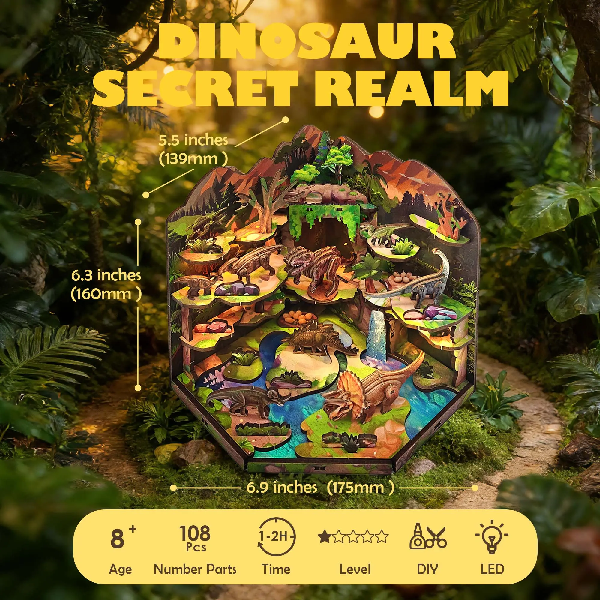 Dinosaur Secret Realm DIY Wooden Puzzle Book Nook Handicraft Kit - 108-Piece Unisex 3D Wood Look Luminous Bookends Bookshelf Diorama Dollhouse, House Decoration Craft Gift for Kids to Boost Hands-On Skills, Making Kit