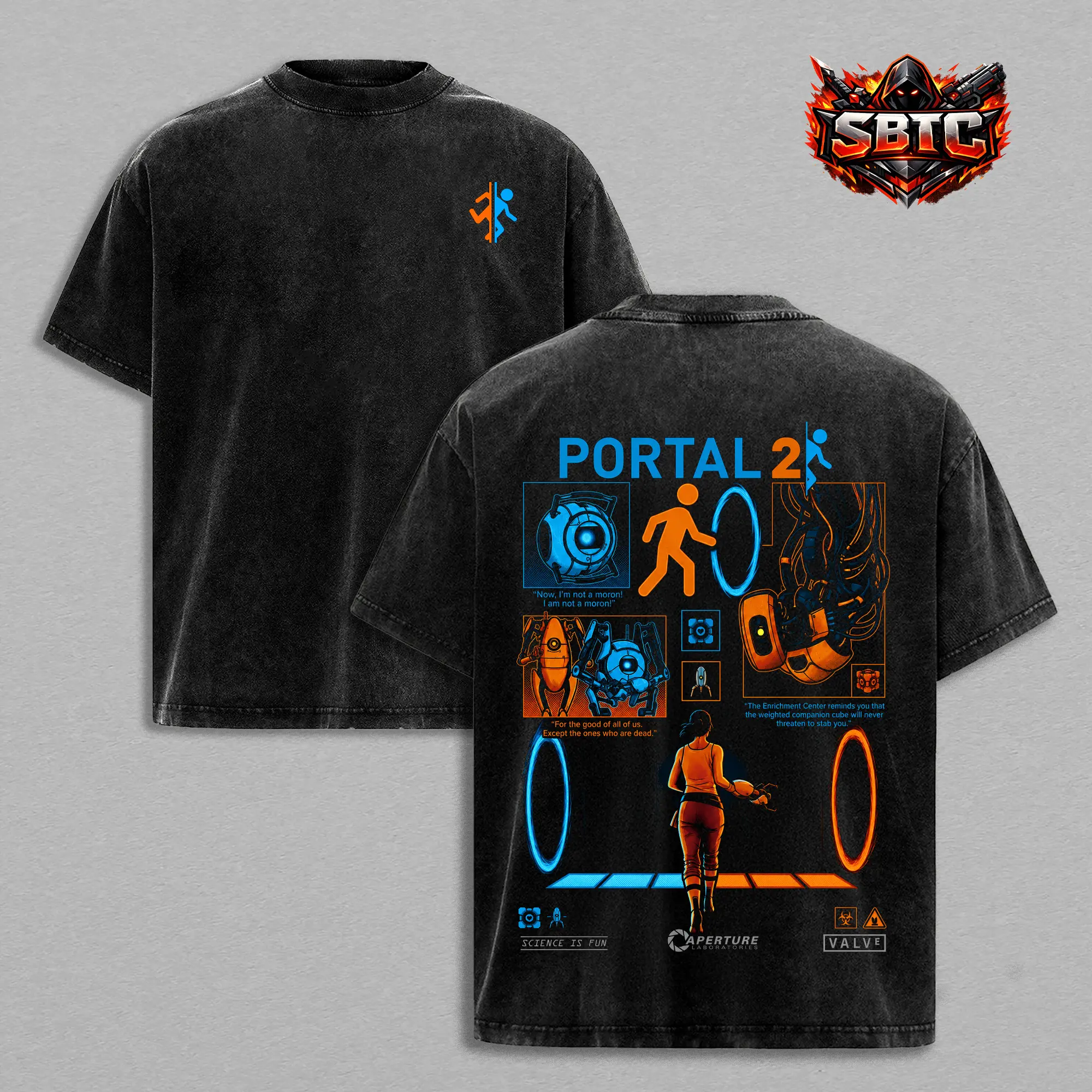 Portal 2 Washed T-Shirt Hoodie Sweatshirt, Retro Gaming Graphic Apparel, Valve Game Merchandise, Vintage Streetwear Clothing, Oversized Heavy Cotton Tee, Sci-Fi Puzzle Gamer Gift, Unisex Casual Fashion
