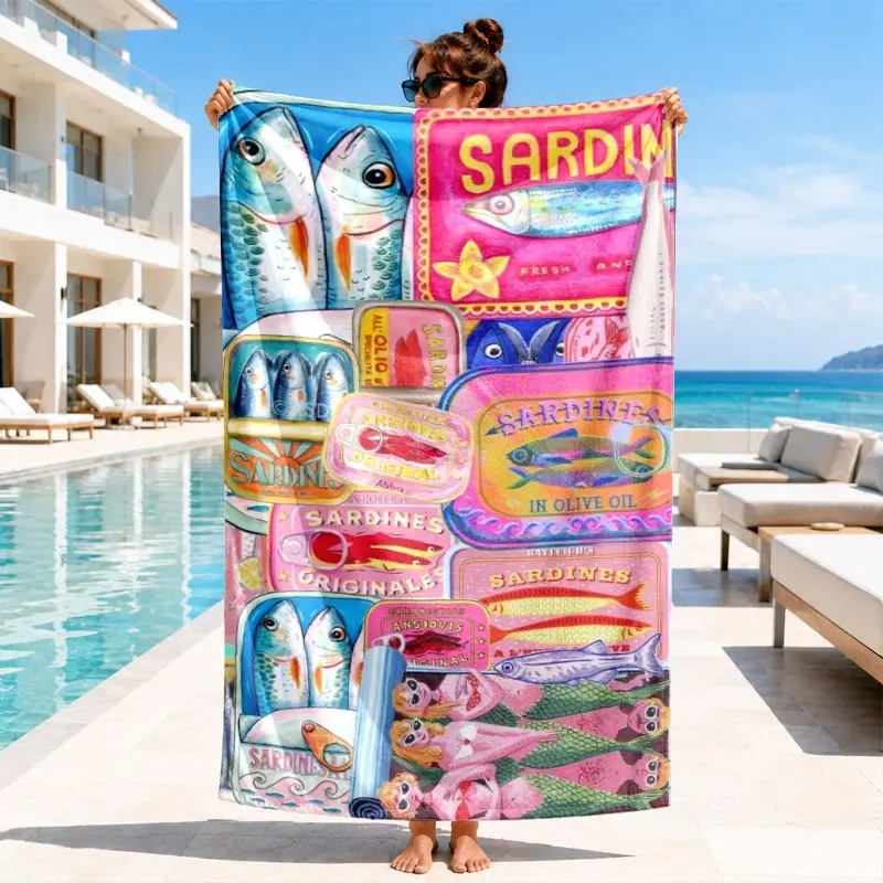 Funny Sardine Can Print Microfiber Beach Towel, Travel Towels, Water Absorbent Towel, Soft Absorbent, Lightweight Quick-Dry, Ideal for Summer Travel, Pool & Outdoor Activities