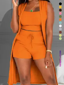 Three-piece Set Women's Crop Tank Top & Drawstring Waist Pocket Shorts & Coat Set, Fashion Casual Relaxed Sleeveless Top & High Waist Shorts & Open Front Outerwear, Co Ord Set Summer, Summer Clothes Women, Chic Womenswear, Clothes