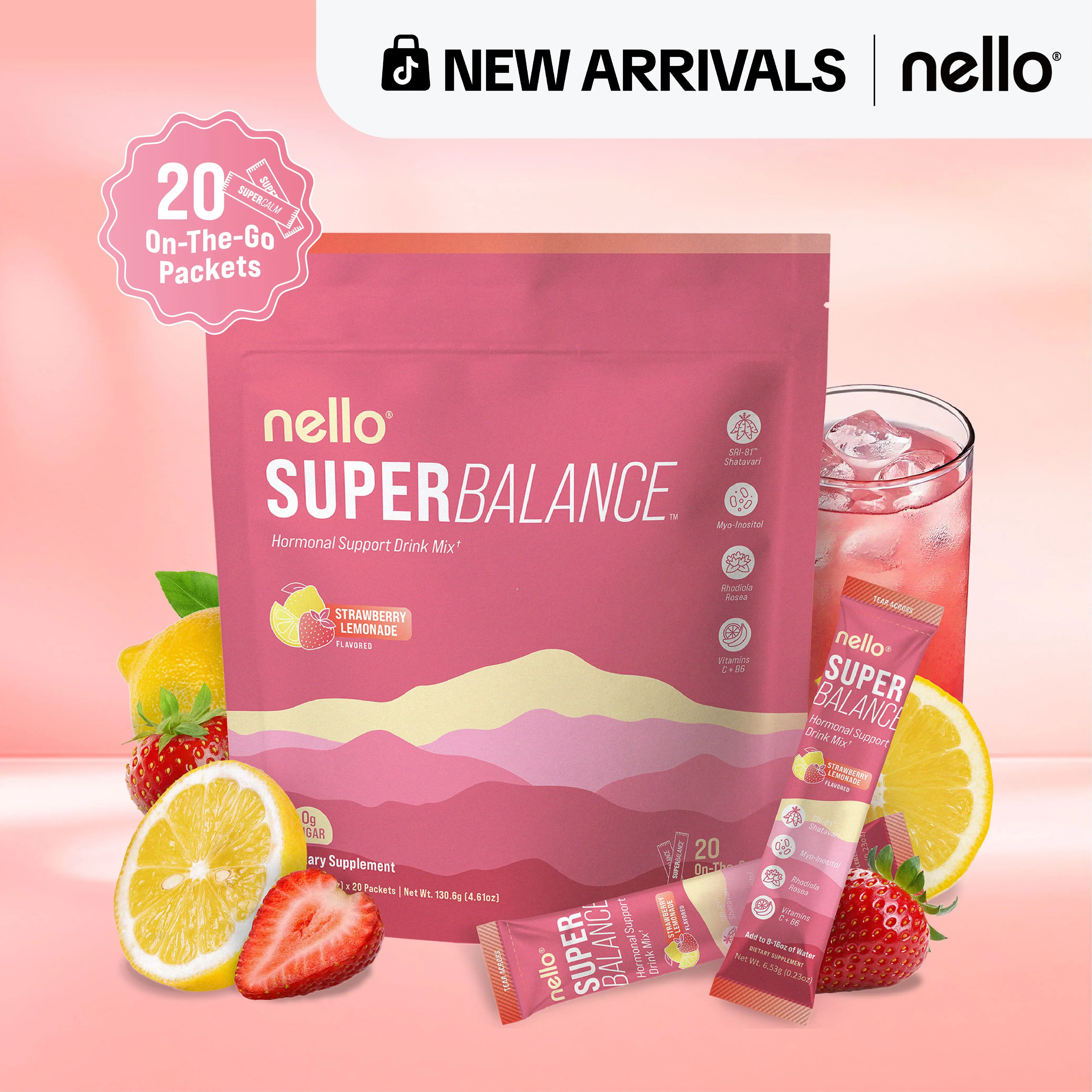 Nello Superbalance Hormonal Support Drink Mix, 20 Travel Packets, SRI-81 Shatavari, Myo-Inositol, Rhodiola Rosea, Vitamin C, Magnesium, Theobromine, Vitamin B6/C