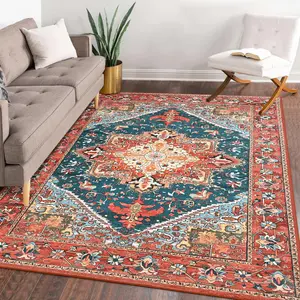 Red Luxurious Persian-Inspired Cashmere imitation Vintage Area Rug ,home decor rug, indoor carpet，Washable & Stain-Resistant Carpet for Living Room, Bedroom,Kitchen, Entryway -Vintage Print Design with Non-Slip Backing
