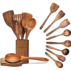 Wooden Spoons for Cooking,9 Pcs Teak Kitchen Utensil Set Wooden Cooking Utensils Wooden Spatula for Cooking
