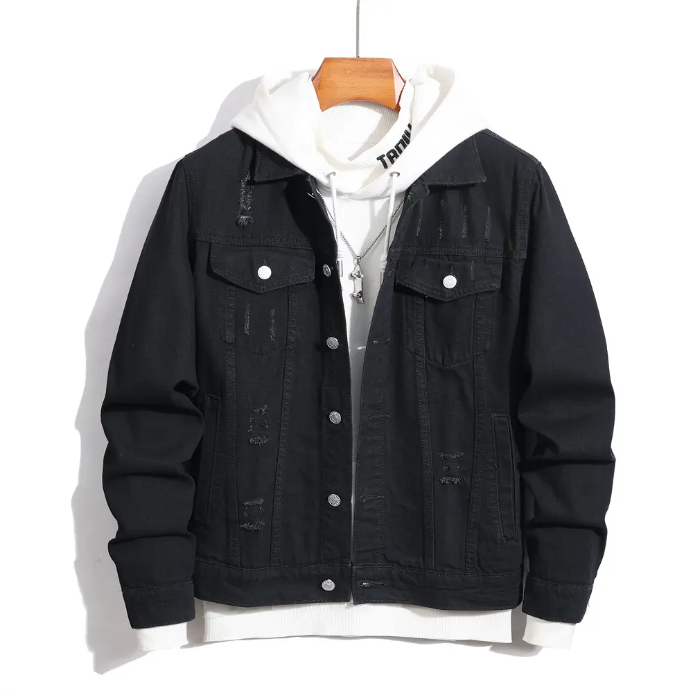 New Men Slim Distressed Holes Denim Jacket High quality Simple Black Ripped Male Jeans Jacket Coat DFYD