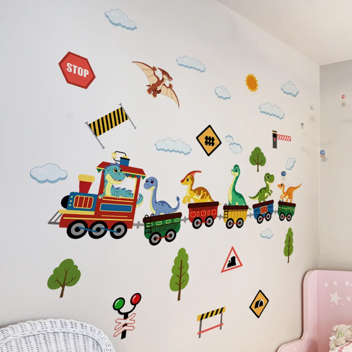 A set (30*60cm*2pcs) of train and dinosaur Decorative wall stickers Adhesive Decals for beautifying home, living room, entrance hall, corridor, bedroom decoration, and bathroom background wall stickers Art Stickers Wall Decal M16533