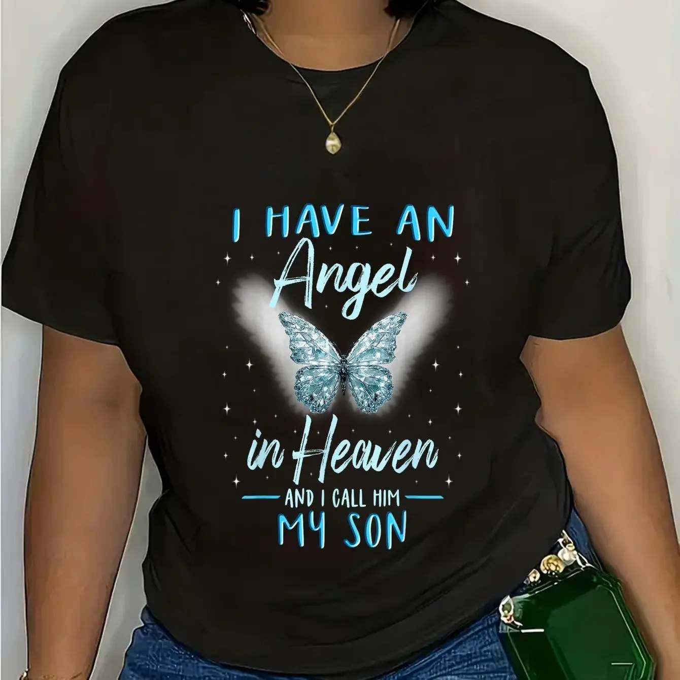 Lady's 100% Cotton Casual Short-Sleeve Everyday Graphic T-Shirt - Son, I Have an Angel in Heaven Love Family Remembrance, Shortsleeve, Round Neck, Top, Tshirt, Streetwear, Women, Tops, Casual Fit, Vintage, Angel Theme