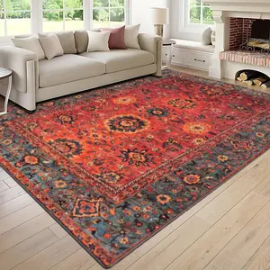 Velvet Soft Comfort Persian Vintage Pattern Print Rug, Vintage Design Rug, Decorative Area Rug, Home Decor Carpet, Living Room Large Mat, Sofa Pad, Bedroom Bedside Blanket