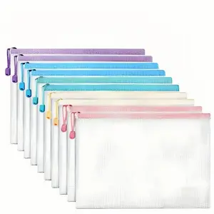 10-Pack A4 Transparent Zipper Pouches, Macaron Color Waterproof File Bags, Grid Pattern Organizer for Documents, Stationery, Exam Papers