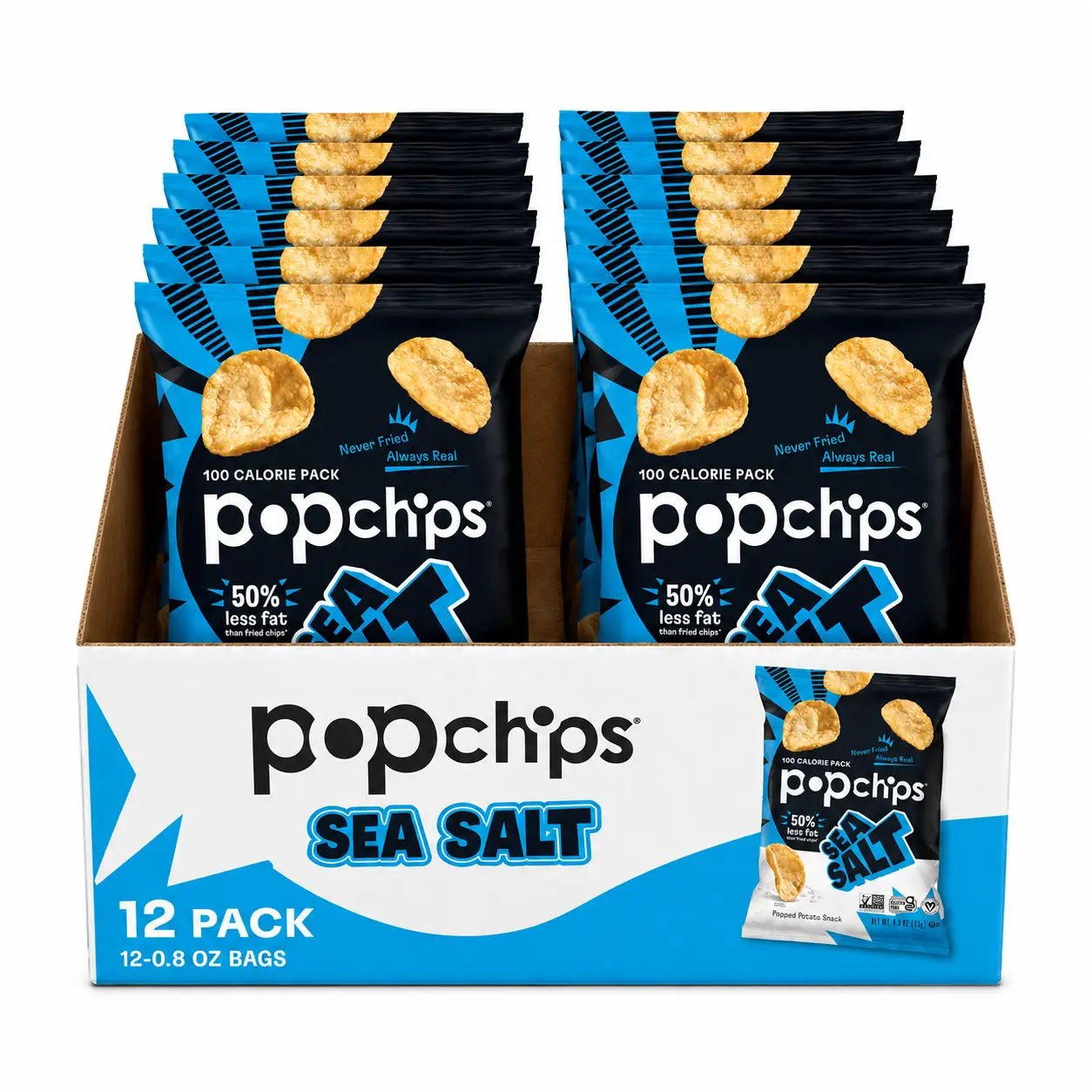 Popchips Non-Fried Potato Chips, Sea Salt Flavor, 0.8oz (Pack of 12)