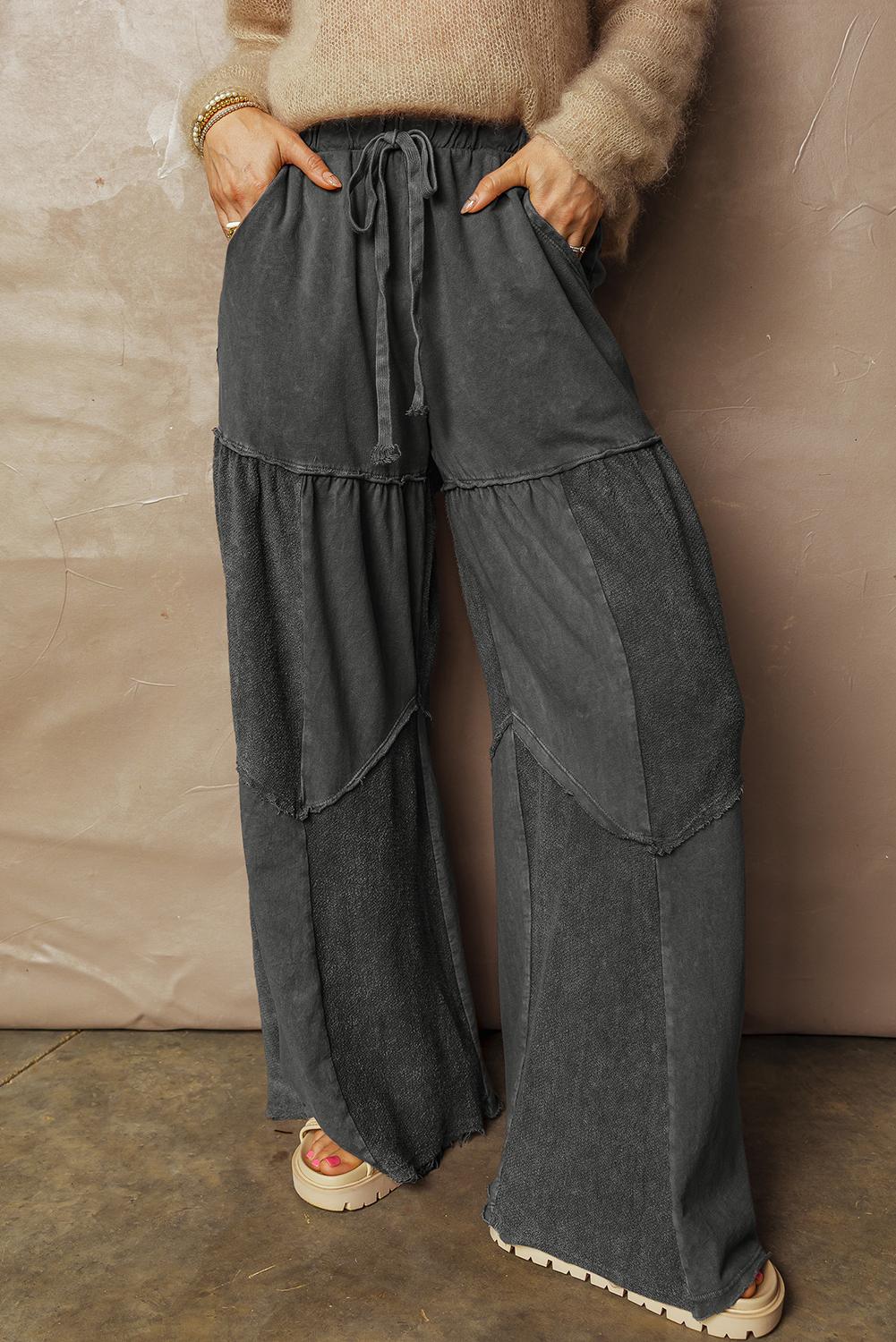 Women's High Waist Black Mineral Wash Wide Leg Pants Casual Patchwork Drawstring Shift Trousers Western Style Cotton Blend Women's High Waist Black Mineral Wash Wide Leg Pants Casual Patchwork Drawstring Shift Trousers Western Style Cotton Blend