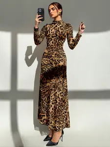 Fashion Fall Winter Casual Classy Elegant Sexy Elegant Fitted Chic Style Leopard Print Long Sleeve High Neck Women's Dress, Beautiful Curves Women's Long Dress