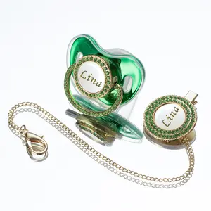 MIYOCAR Custom Green Crystal Pacifier & Clip Set – Personalized Gift for Baby, Elegant Keepsake for Newborns & Photo Memories
