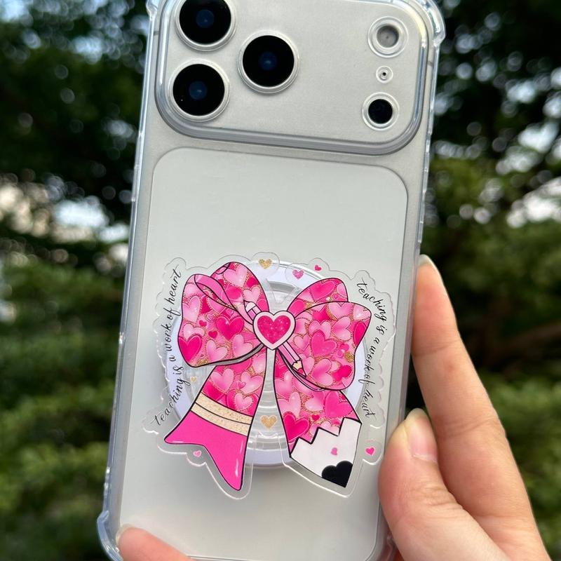 Pink Heart Bow Teacher Phone Grip – Teaching Is a Work of Heart – Cute Teacher Pop Socket