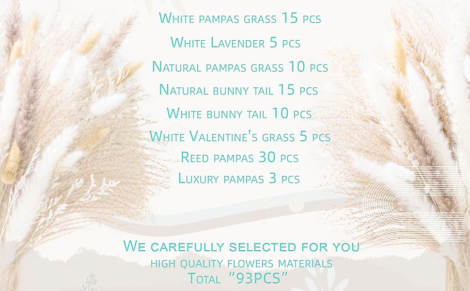 Natural Pampas Grass 8kind Grass Mix Bouquet | Dried Pampas Bouquet for Wedding Boho Flowers Home Table Desk Decor, Rustic Farmhouse Decor (93PCS)
