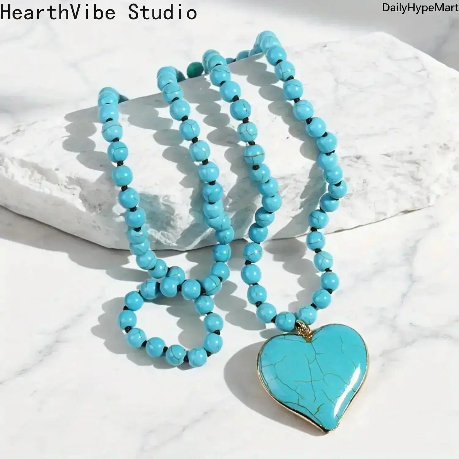 HearthVibe Studio 2026 Women's Turquoise Pendant Design Necklace - Bohemian Beaded Chain Sweater Necklace with Jade Green Accents