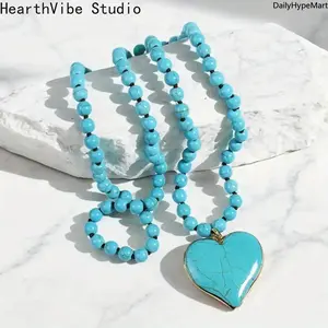 HearthVibe Studio 2026 Women's Turquoise Heart Pendant Design Necklace - Bohemian Beaded Chain Sweater Necklace with Jade Green Accents