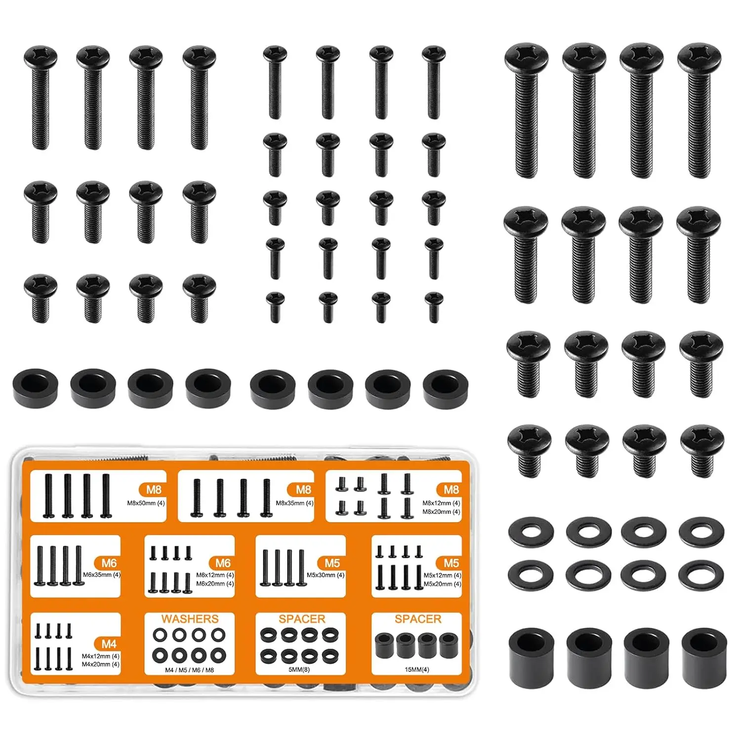 Universal TV Mounting Hardware Screw Kit Set with Box - M4 M5 M6 M8 Screws, Washers & Spacers, Replacement Screws for TV VESA Mounting, Fits  TV/ up to 80 inch,  & Durable