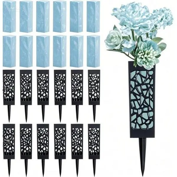 24 Pcs 12 in Classic Round Cemetery Vases with Drainage Hole - Waterproof Insert Floral Holders, Long Spikes & Foam Blocks - Black Lawn Memorial Markers for Grave Decor, Memorial Day Garden Decoration