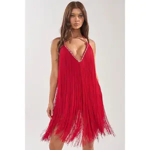 LET'S CELEBRATE FRINGE MINI DRESS IN RED