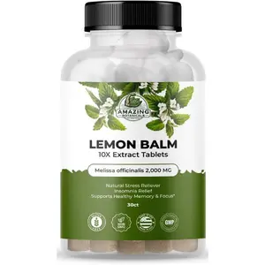 Amazing Botanicals Lemon Balm 10X Extract Dietary Supplement Tablets, 2000 MG Melissa Officinalis, Supports Calm & Relaxation, Natural, 30 Count
