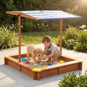 46" Wooden Kids Sandbox with Adjustable Canopy, Covered Cedar Sandpit for Backyard Outdoor Play