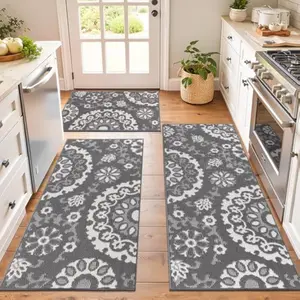 Flannel Non-Slip Washable Kitchen Rug Set of 3 - Holiday Themed Print  Floor Mats for Hallway, Laundry & Sink