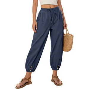 Larmliss Women Capri Pants Casual Drawstring Elastic High Waist Baggy Wide Leg Cropped Pants Trousers for Ladies Summer