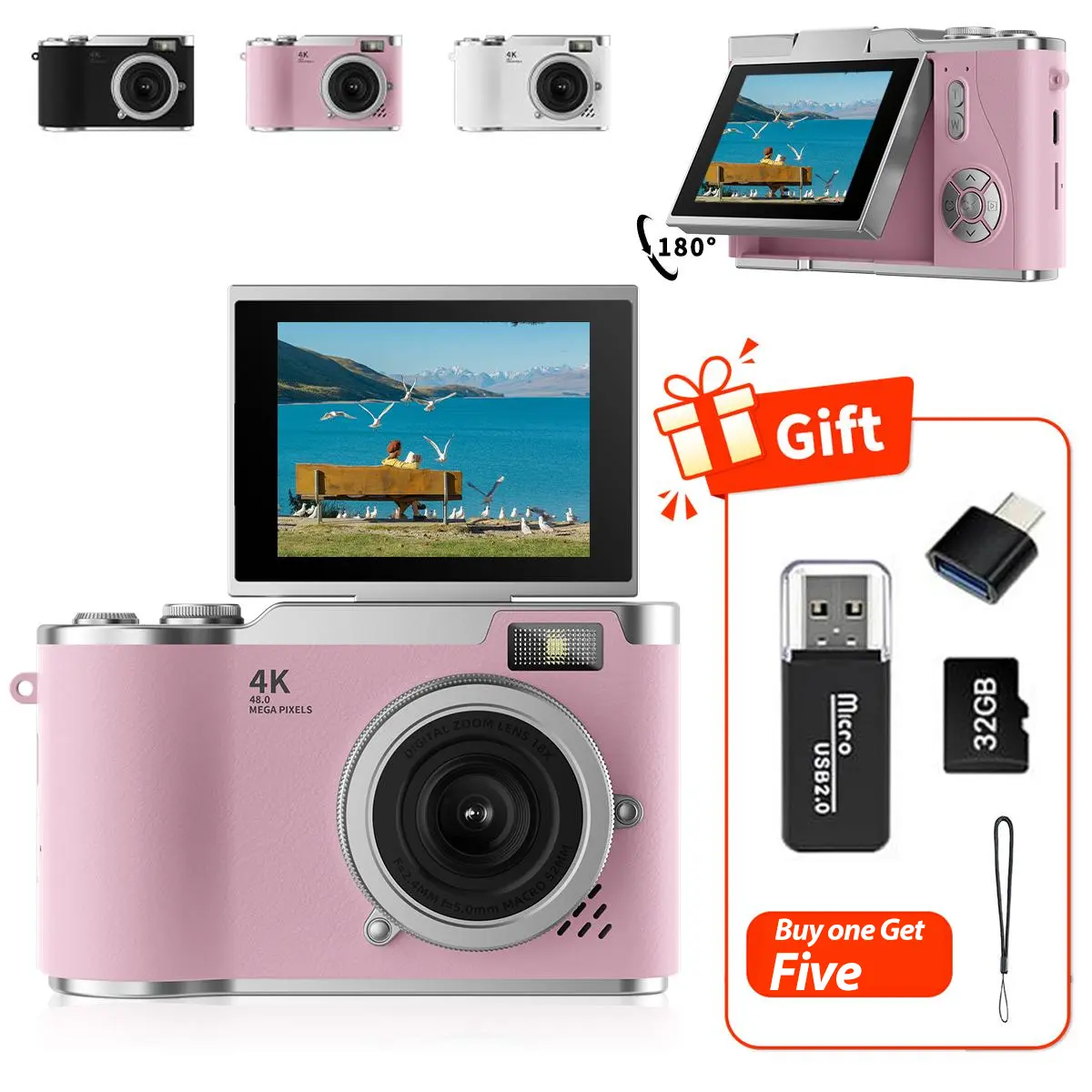 Flip-Screen CCD Style Digital Pocket Camera for Beginner Students Teenagers, Portable Selfie Compact Camera with 32G Memory Card, Card Reader, Converter Plug-in and Lanyard, Perfect Gift for Back to School Season